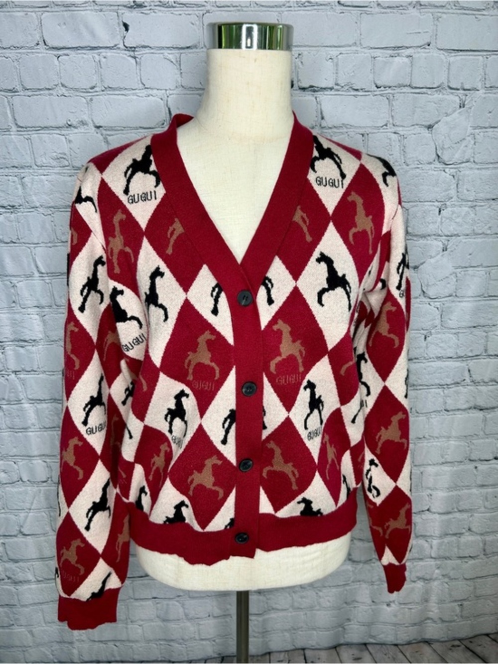 Horse Argyle Cardigan Sweater Women's Red Equestrian Preppy Cottagecore Medium
